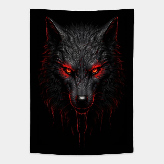 Wolf In Red and Black: Majestic Animals In Striking Colors Tapestry by Whimsical Animals