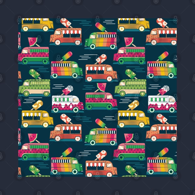 Frutalicious ice cream trucks // pattern // navy blue background multicolored fruit popsicles by SelmaCardoso