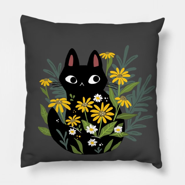 Black Cat In The Flowers Pillow by MichelleScribbles