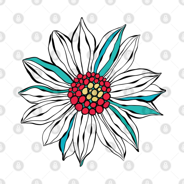 White Teal Yellow Red Daisy Flower by CatyArte