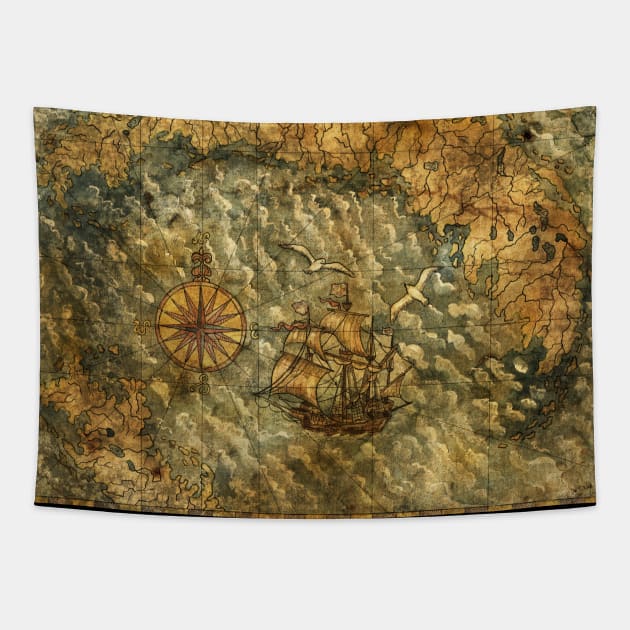 Old Nautical Map 2 (Fantasy). Tapestry by Mystic Arts