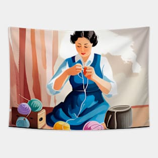 Woman Knitting Tapestry