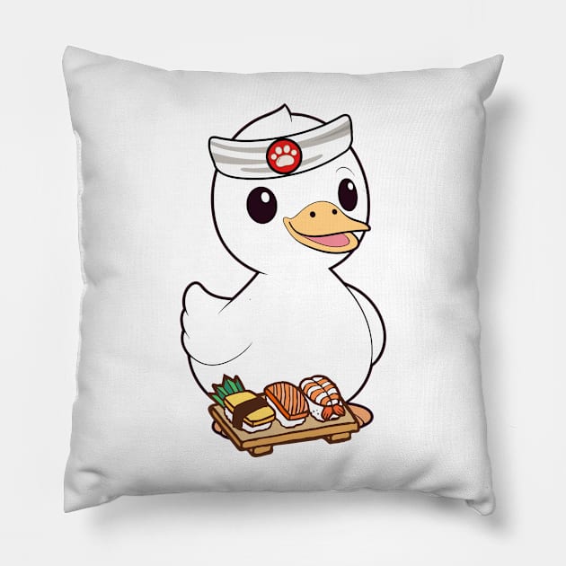 Funny white duck is a sushi chef Pillow by Pet Station