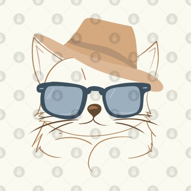 Chic Cat in Brown Hat and Blue Shades - Minimalistic Cat Art by ShutterStudios