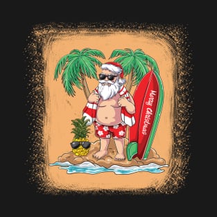 Surfing Santa Beach Holiday Plams Christmas in July T-Shirt