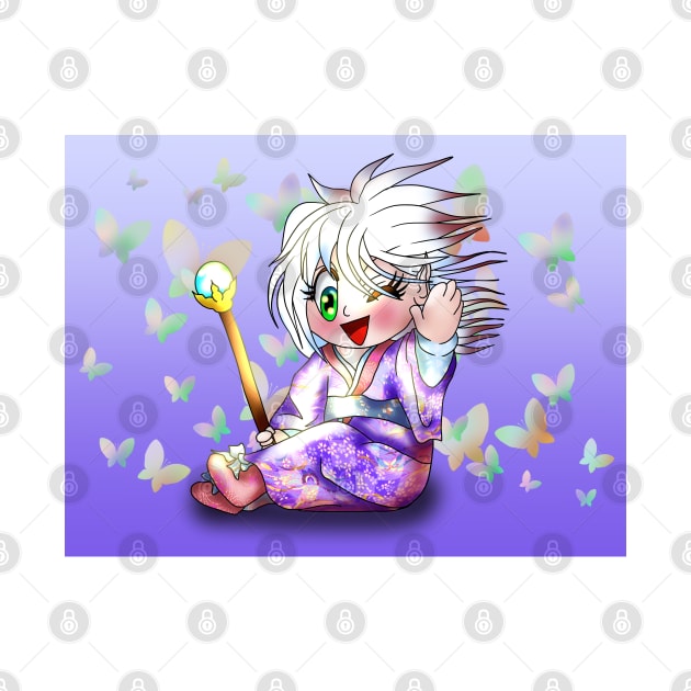 happy chibi elf sorcerer in a purple kimono by cuisinecat