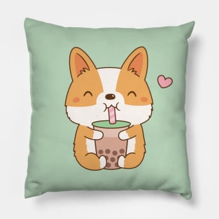 Cute Corgi Loves Bubble Tea Pillow