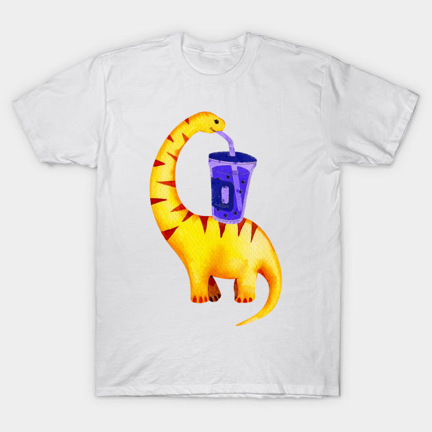 Discover Cute Yellow Brontosaurus Dino Drinking Purple Boba Tea, Watercolor Painting - Dino Boba - T-Shirt