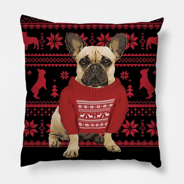 French Bulldog Frenchie and red Christmas sweater Pillow by Collagedream