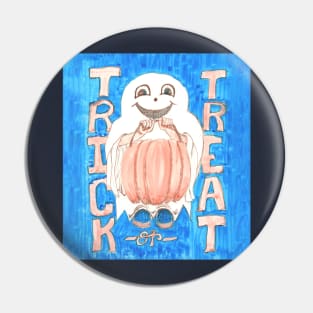 Trick or Treat Ghosty with Pumpkin Pail on Blue Background Pin