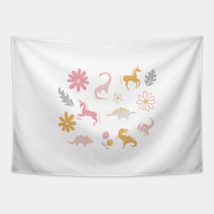 Dinosaurs + Unicorns - Gray Tapestry