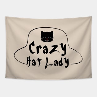 Crazy Hat Lady Text with Cute Cat - Black Tapestry