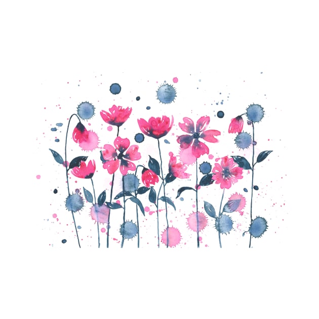 Garden of pink flowers painted with watercolors by cesartorresart