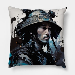 Samurai in Casual Costume with Bushido Calligraphy in Ink Painting Style Pillow