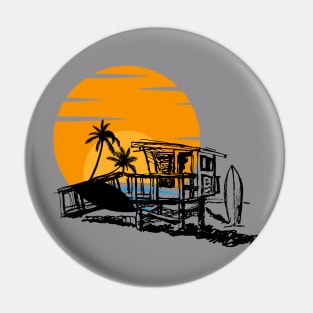 Life Guard Station at the Beach with Sunset and Surfboard Pin