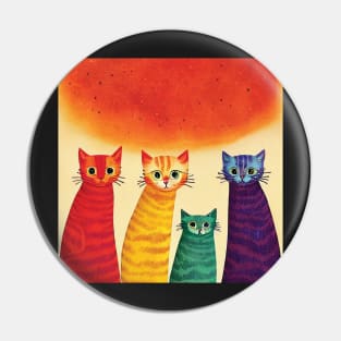 Four Quirky Multicoloured Cats Print. Purple, Red Yellow and Green Pin