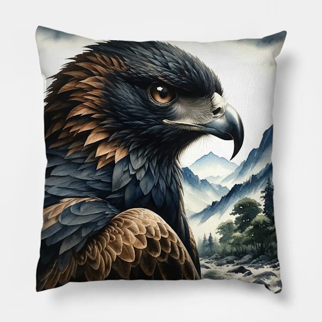 Colorful Black Hawk-Eagle - Watercolor Bird Pillow by Aquarelle Impressions