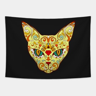 Calavera cat dark green Tapestry