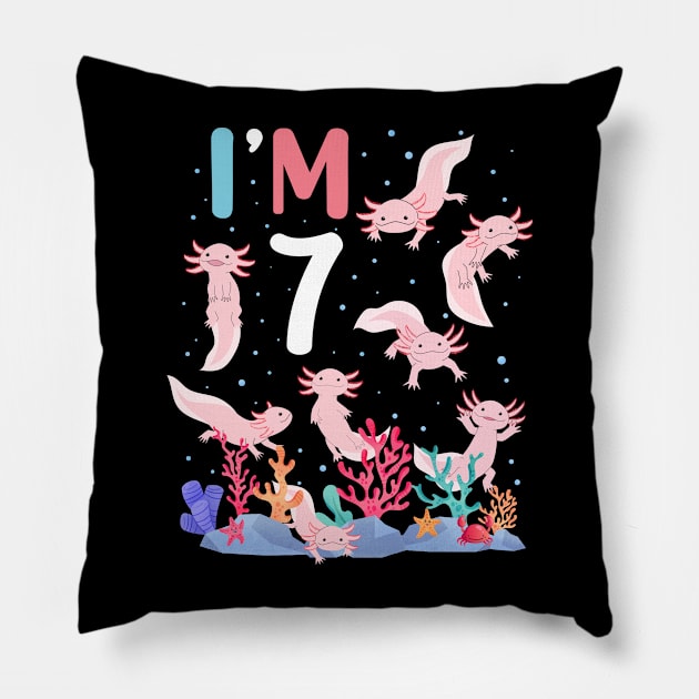 Axolotl Fish 7th Birthday I'm 7 Years Old lets party Axolotl Pillow by Msafi