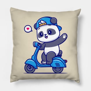 Cute Panda Waving Hand On Scooter Cartoon Pillow