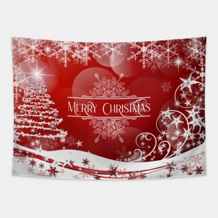 Pretty Xmas Tree and Snowflakes and Merry Christmas Greeting - on Red Tapestry