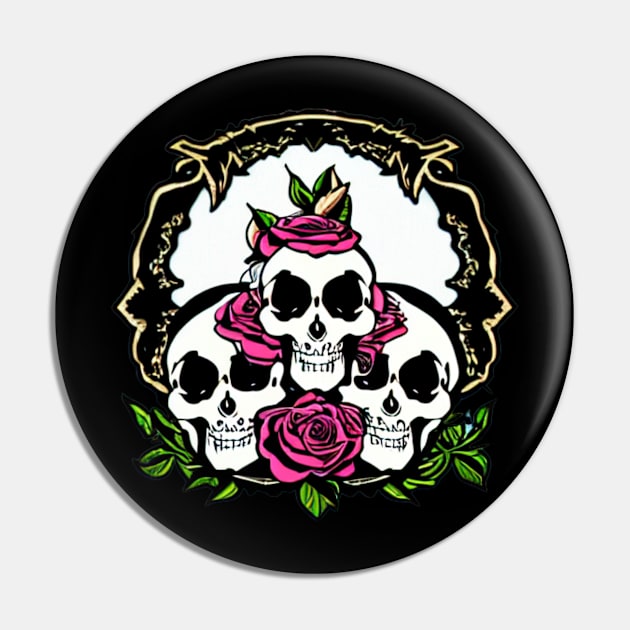 Three Skulls with Roses Pin by divawaddle