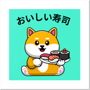 656DP Sushi Art Black and Tan Shiba Inu Dog Eating Sushi 