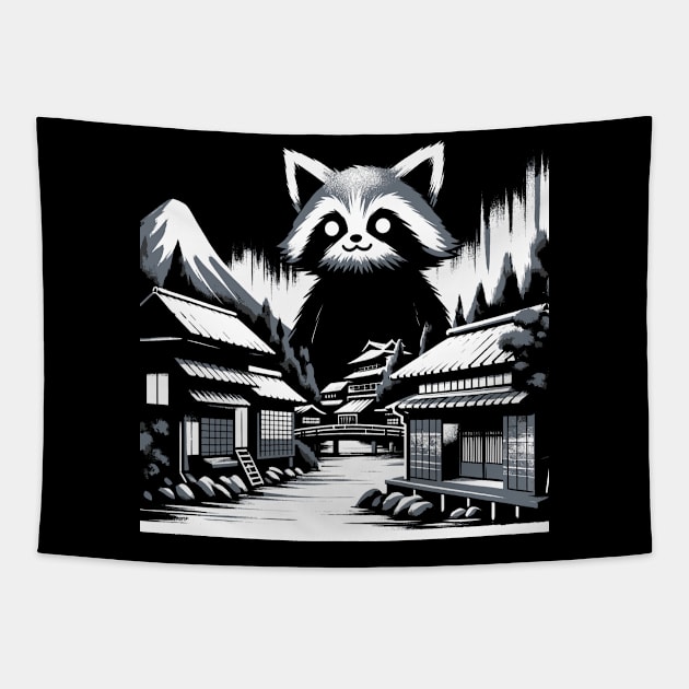 Japanese Big Raccoon Pun Funny Raccoon Tapestry by KsuAnn