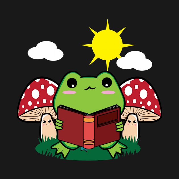 Cottagecore Aesthetic Kawaii Frog Reading Book by Alex21