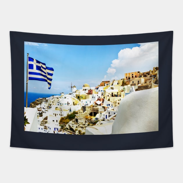 Oia Santorini Greek Island Flag Tapestry by tommysphotos