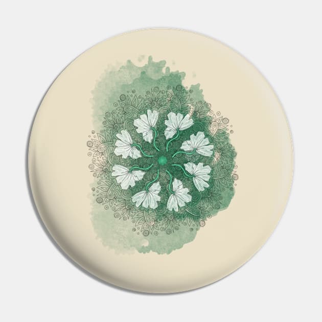 White Poppy Mandala on Emerald Pin by cheriedirksen