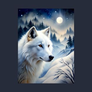 White Wolf Hunting Ground, Winter Mountain Icy Moon, Forest, Galaxy Beautiful gifts Novelty Wild Animal Pattern Fashion T-Shirt