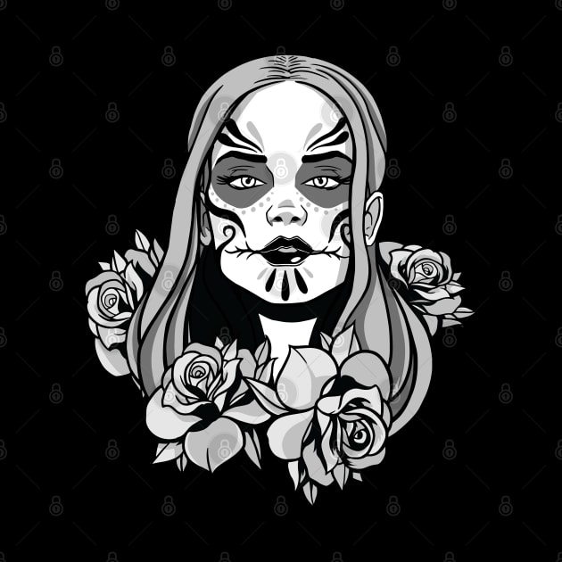 Sugar Skull Woman with Roses Black and White by Kali Space