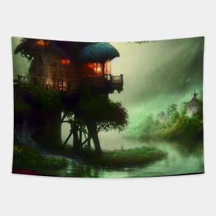 Sparkling Fantasy Cottage with Lights and Glitter Background in Forest, Scenery Nature Tapestry