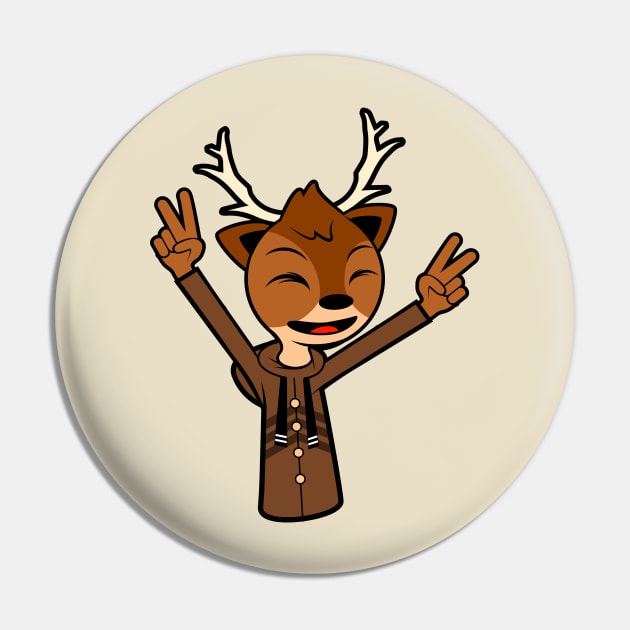 Happy Reindeer With Two Raised Peace Hand Signs Pin by MOULE