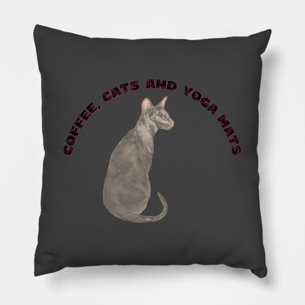 Coffee cats and yoga mats funny yoga and cat drawing Pillow by Red Yoga