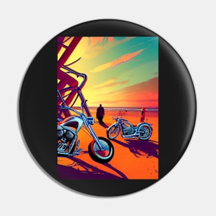 SPOOKY SURREAL RETRO MOTORCYCLES ON A BEACH Pin