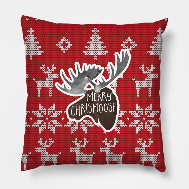 Merry ChrisMOOSE! A Christmas design of a moose atop a Christmas sweater background with a funny phrase Pillow by HiTechMomDotCom