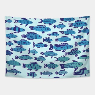 School of Blue Sardine Fish Swimming Tapestry