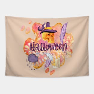 BEAUTIFUL WORDSMITH HALLOWEEN WITH SKULL AND SPIDER WITH FEATHERS AND FLOWERS Tapestry