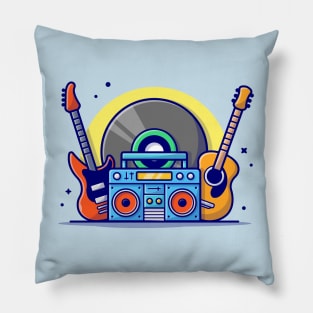 Music Instrument Concert Perform with Guitar, Boombox and Big Vinyl Music Cartoon Vector Icon Illustration Pillow