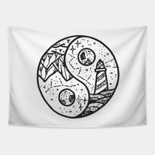 Asian Yin Yang Symbol with Lighthouse and Mountain Tapestry