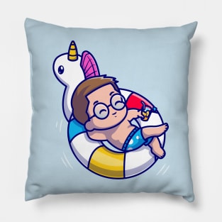 Cute Man Floating With Swimming Balloon Cartoon Pillow