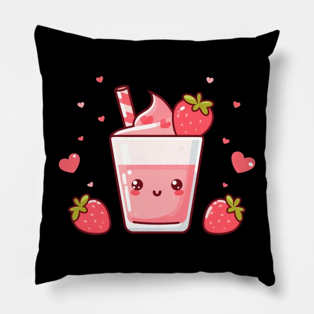 Strawberry Milkshake Ice Cream with Strawberries and Hearts in Kawaii Style | Kawaii Food Art Pillow by Nora Liak