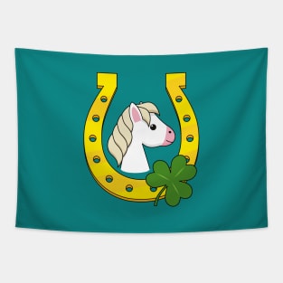 Cute White Horse with Golden Horse Shoe and Shamrock Tapestry