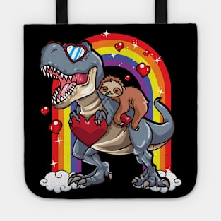 Sloth Riding Dinosaur T-Rex Red Hearts Dino Rainbow Tote