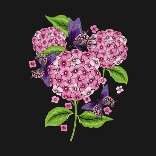 Hydrangea And Butterflies Artwork T-Shirt
