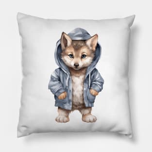 Gray Wolf Wearing Hoodie Pillow