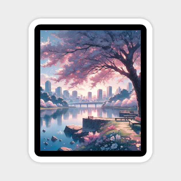 The Cherry Blossom and Lake - Anime Drawing Magnet by AnimeVision