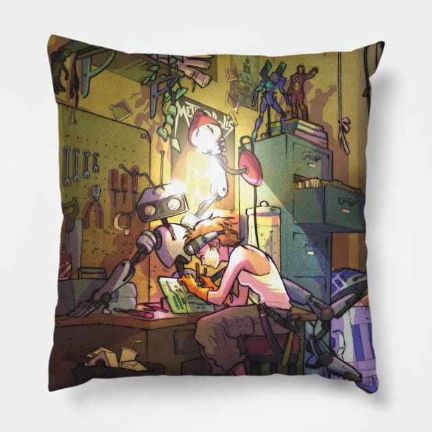 Robot Workshop Pillow by Joanna Estep